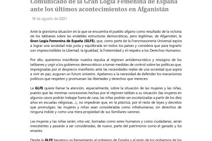 Comunicado de la Gran Logia Femenina de España ante los últimos acontecimientos en Afganistán