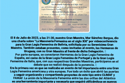 La Gran Logia Femenina de Bolivia invitó a la GranMaestra de la Gran Logia Femenina de España a daruna charla por videoconferencia el pasado 8 de julio