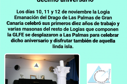 La Gran Logia Femenina de España felicita a la LogiaEmanación del Drago de Las Palmas de Gran Canariapor su décimo aniversario