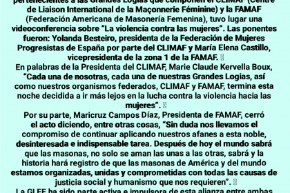 La Gran Logia Femenina de España participa en la primera videoconferencia conjunta CLIMAF-FAMAF sobre la violencia contra las mujeres.